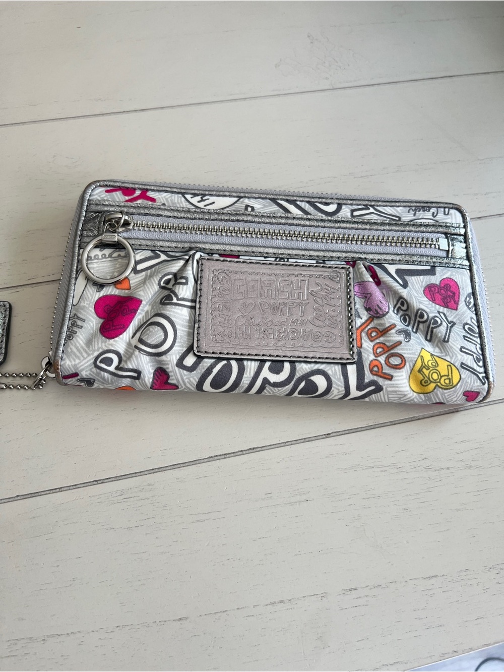 Coach Silver Graphic Heart Zip Wallet with Pink, Orange, Yellow Accents